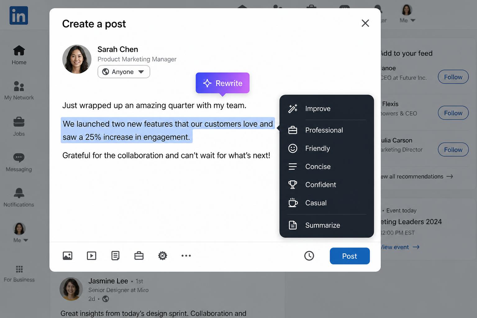 Select text, click Rewrite, pick a tone