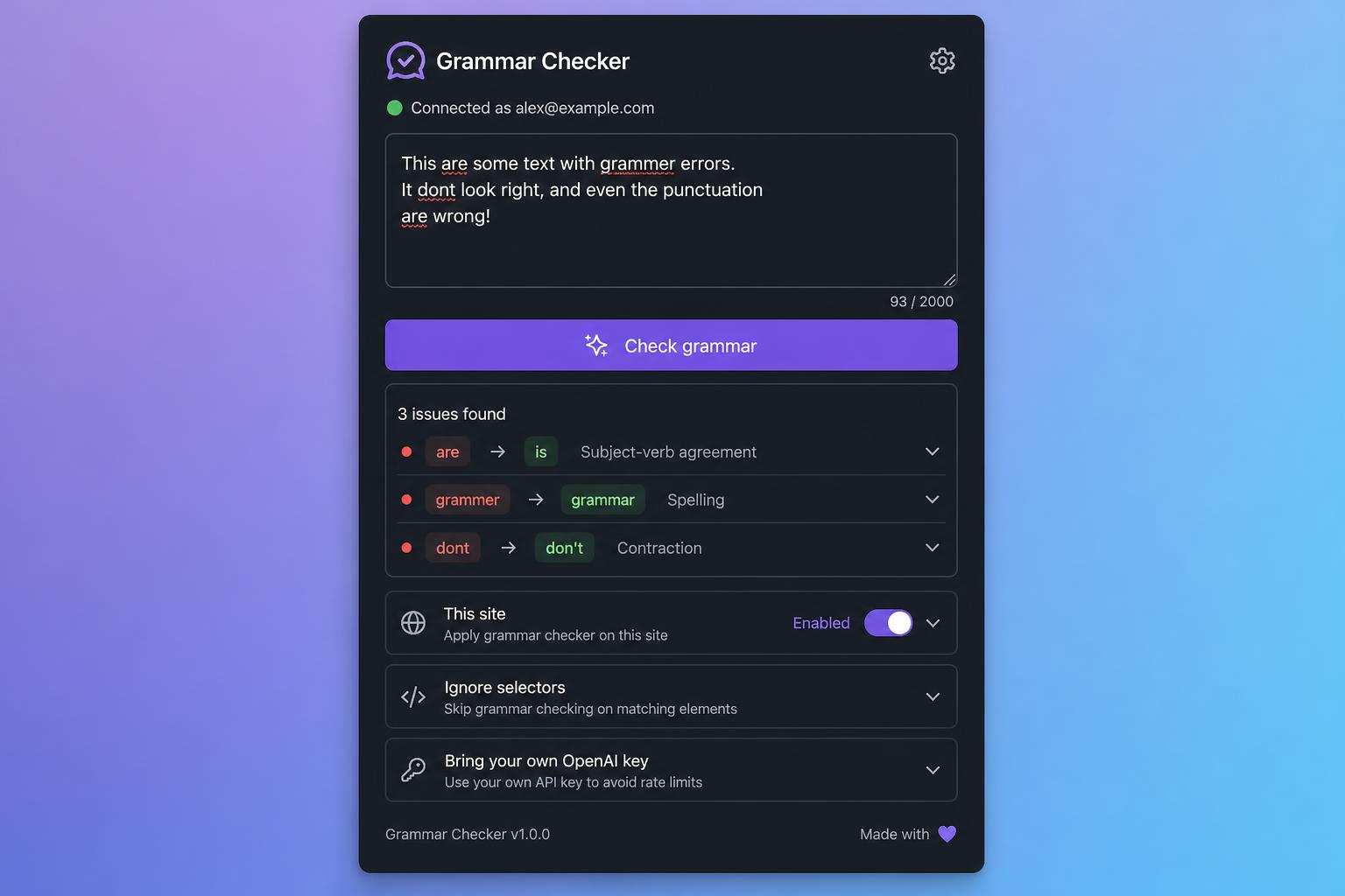 Popup with per-site controls and BYOK